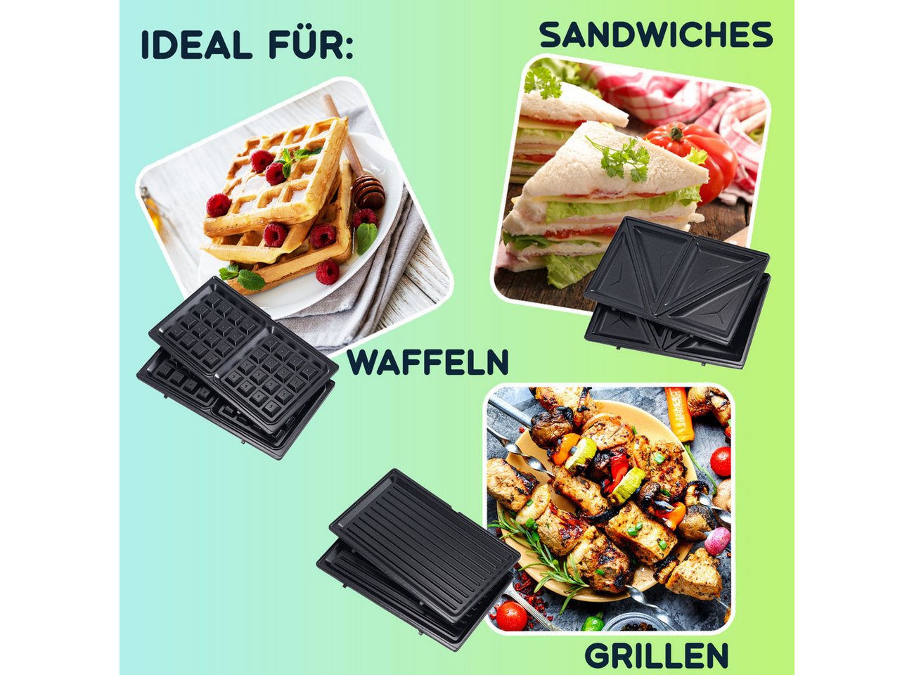 Casativo 3-in-1-Sandwichmaker 3-in-1 Multi-Grill 800W, Kontaktgrill, Sandwichmaker & Waffeleisen, 800 W, Wechselplatten für Sandwich, Waffeln & Grill, antihaft, inkl. Griff Bild 4