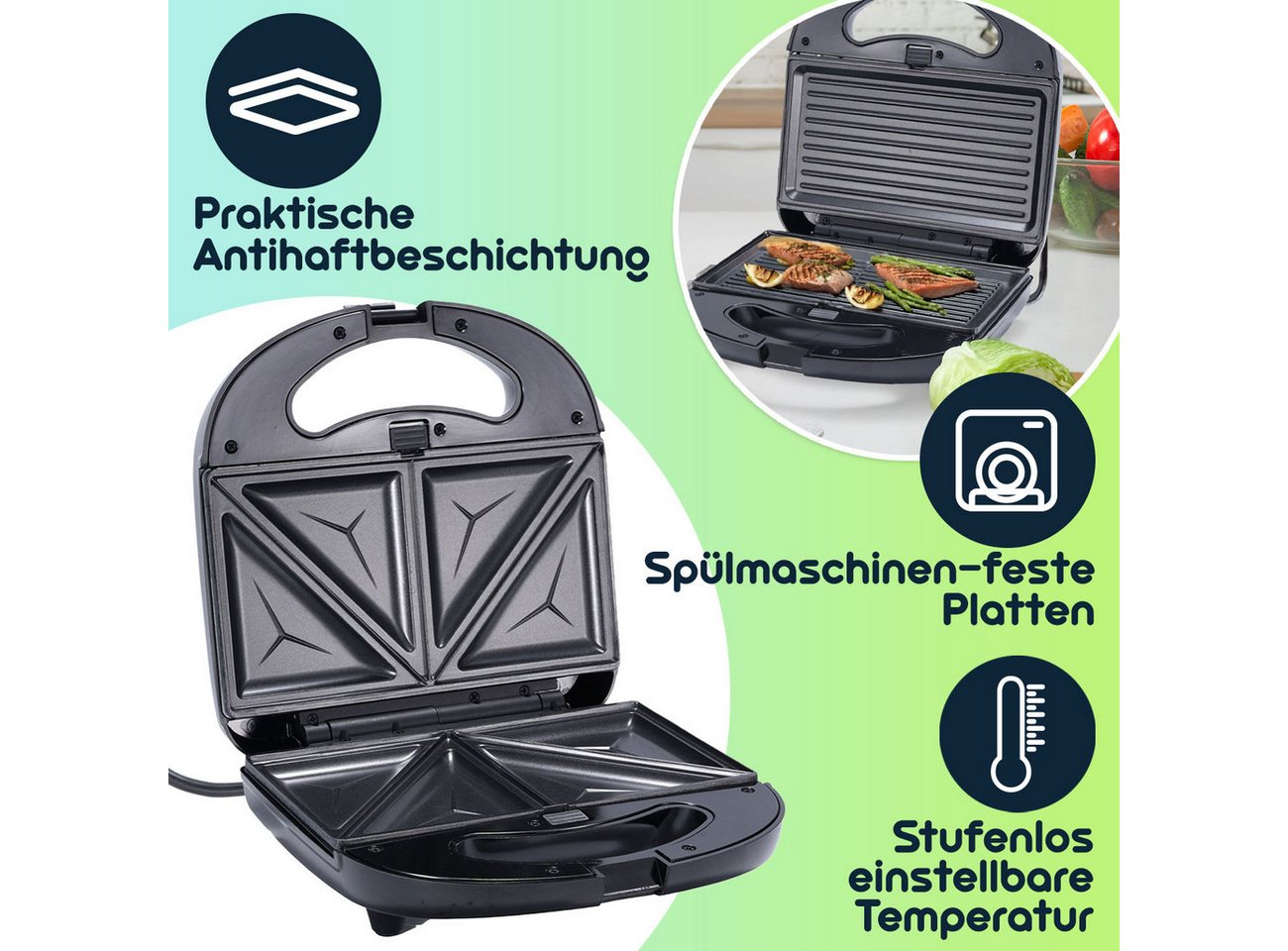 Casativo 3-in-1-Sandwichmaker 3-in-1 Multi-Grill 800W, Kontaktgrill, Sandwichmaker & Waffeleisen, 800 W, Wechselplatten für Sandwich, Waffeln & Grill, antihaft, inkl. Griff Bild 5