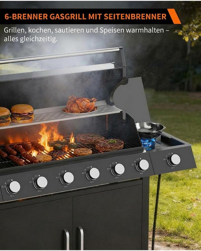 GarveeMore Standgrill Gasgrill 6+1 Brenner mit Seitenkocher,60.000 BTU BBQ Grillwagen, mit Thermometer, Unterschrank und Rollen