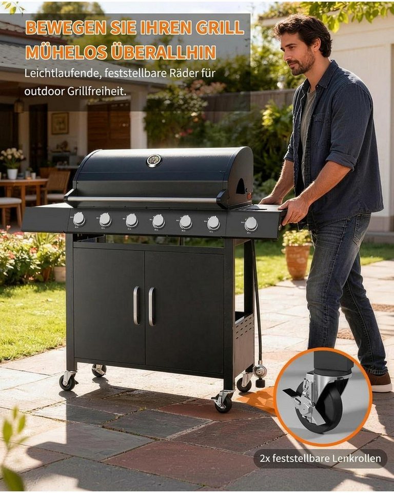 GarveeMore Standgrill Gasgrill 6+1 Brenner mit Seitenkocher,60.000 BTU BBQ Grillwagen, mit Thermometer, Unterschrank und Rollen Bild 2