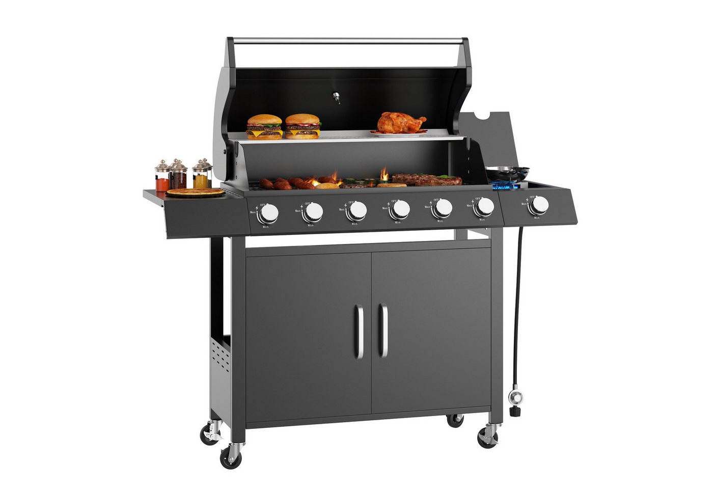 GarveeMore Standgrill Gasgrill 6+1 Brenner mit Seitenkocher,60.000 BTU BBQ Grillwagen, mit Thermometer, Unterschrank und Rollen Bild 3