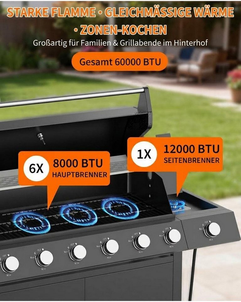 GarveeMore Standgrill Gasgrill 6+1 Brenner mit Seitenkocher,60.000 BTU BBQ Grillwagen, mit Thermometer, Unterschrank und Rollen Bild 4