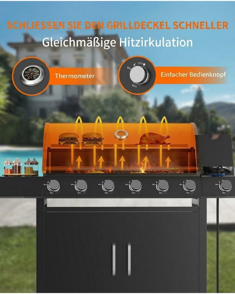 GarveeMore Standgrill Gasgrill 6+1 Brenner mit Seitenkocher,60.000 BTU BBQ Grillwagen, mit Thermometer, Unterschrank und Rollen Bild 5