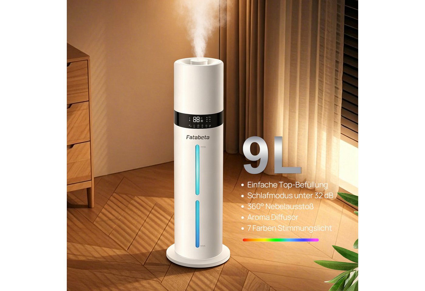 FATABETA Luftbefeuchter 9L Ultraschall Raumbefeuchter, mit Aroma-Diffusor, 9 l Wassertank, Bis 50m², Schlafmodus 32dB, Nachtlicht, Speicher, Timer, Fernbedienung