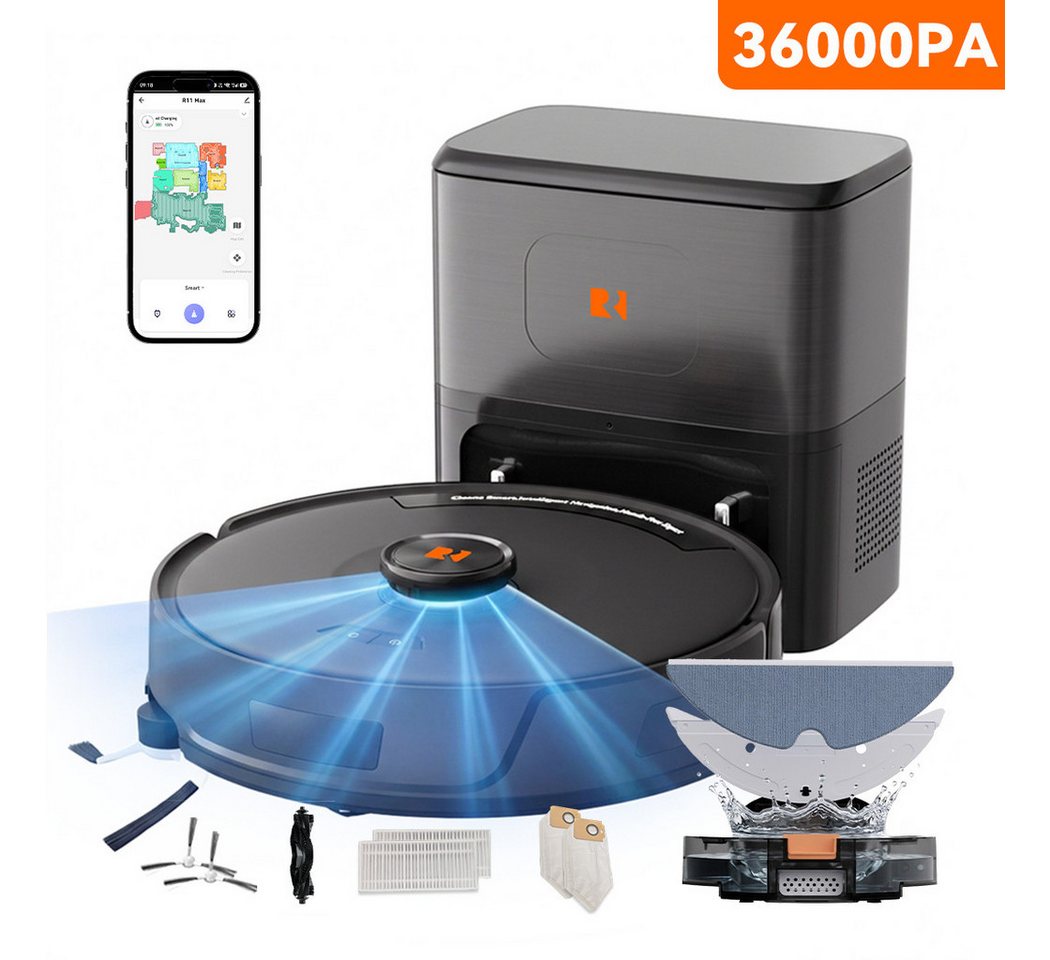 redroad Saugroboter R11 MAX Saugroboter mit Wischfunktion 36000Pa LiDAR/Absaugstation, 1200 W, mit Beutel, Saugroboter mit Wischfunktion, App-Steuerung, für hohe Türschwellen Bild 5