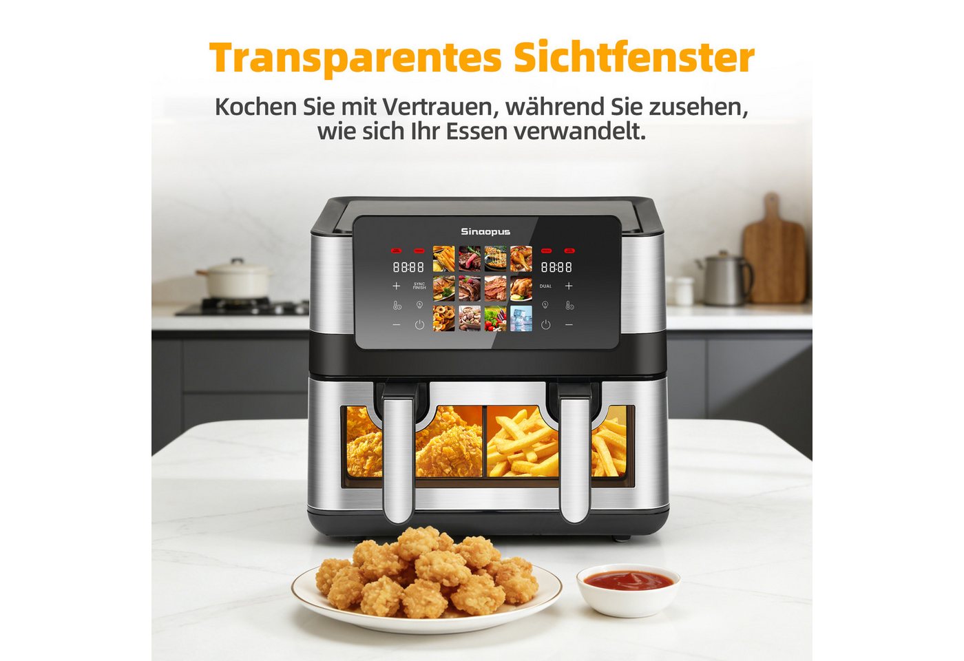 Vankel Heißluftfritteuse 9L, 2000W Airfryer mit Doppel-/Einzelkammer, Sichtfenster & 12 Programmen, 2000 W, 9L Airfryer mit Touchscreen, 360° Heißluft, Trennwand & Timer Bild 4