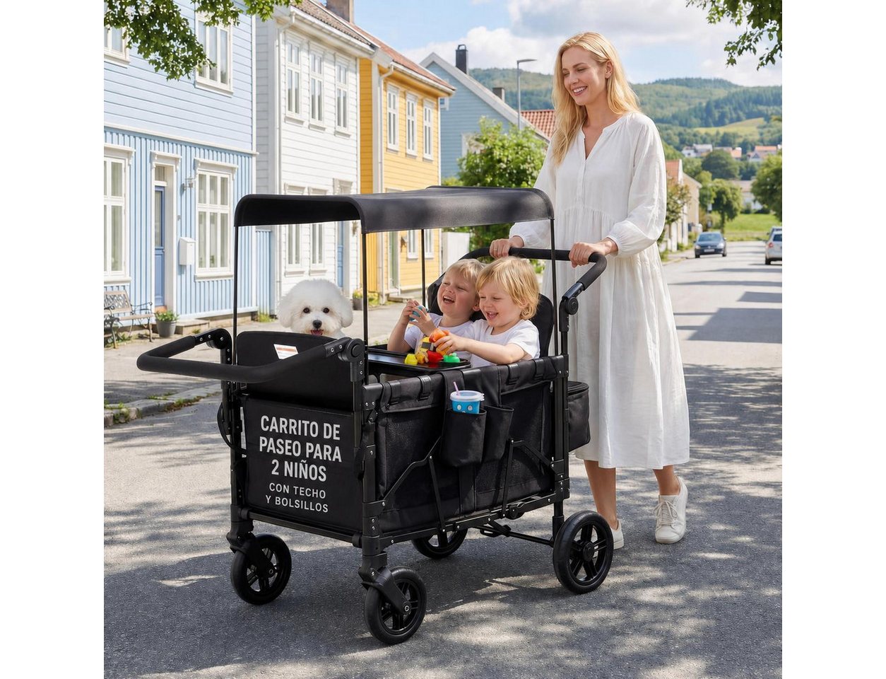 GarveeMore Bollerwagen 2-in-1 faltbarer Kinderwagen mit abnehmbarem Snack-Tablett (inkl. Schiebe- & Ziehgriff, 360° Lenkrollen, One-Step-Fußbremse), für 4 Kinder, 60 kg Tragkraft pro Sitz, 90×65×110 cm