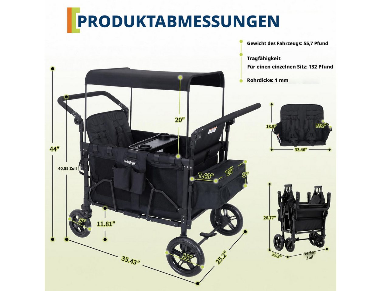 GarveeMore Bollerwagen 2-in-1 faltbarer Kinderwagen mit abnehmbarem Snack-Tablett (inkl. Schiebe- & Ziehgriff, 360° Lenkrollen, One-Step-Fußbremse), für 4 Kinder, 60 kg Tragkraft pro Sitz, 90×65×110 cm Bild 2