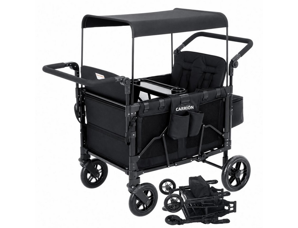 GarveeMore Bollerwagen 2-in-1 faltbarer Kinderwagen mit abnehmbarem Snack-Tablett (inkl. Schiebe- & Ziehgriff, 360° Lenkrollen, One-Step-Fußbremse), für 4 Kinder, 60 kg Tragkraft pro Sitz, 90×65×110 cm Bild 3