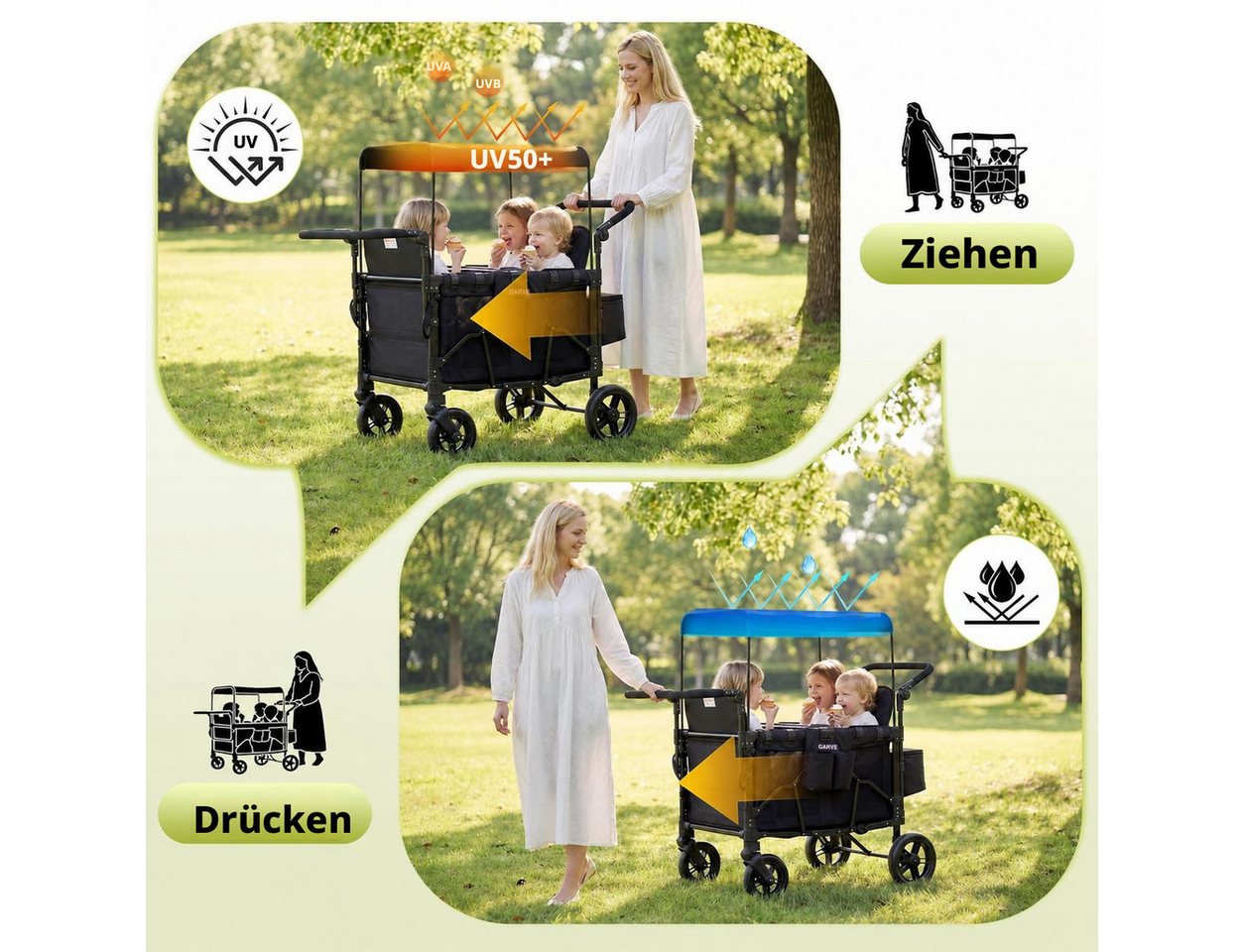GarveeMore Bollerwagen 2-in-1 faltbarer Kinderwagen mit abnehmbarem Snack-Tablett (inkl. Schiebe- & Ziehgriff, 360° Lenkrollen, One-Step-Fußbremse), für 4 Kinder, 60 kg Tragkraft pro Sitz, 90×65×110 cm Bild 4