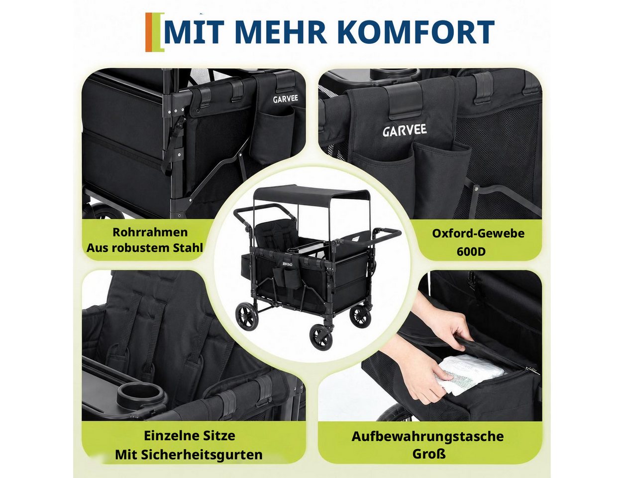 GarveeMore Bollerwagen 2-in-1 faltbarer Kinderwagen mit abnehmbarem Snack-Tablett (inkl. Schiebe- & Ziehgriff, 360° Lenkrollen, One-Step-Fußbremse), für 4 Kinder, 60 kg Tragkraft pro Sitz, 90×65×110 cm Bild 5