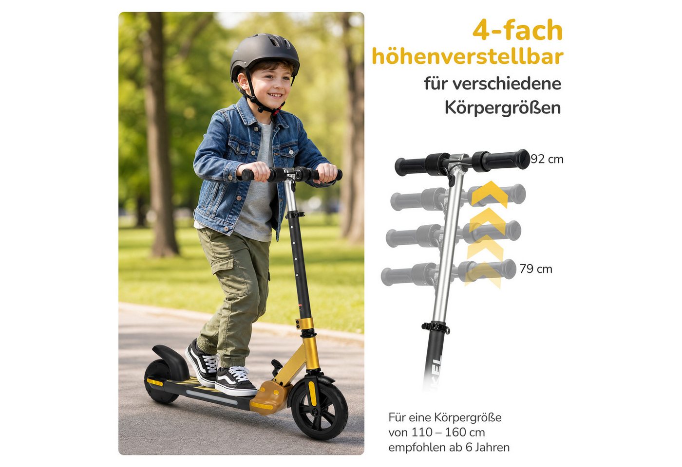 Vankel E-Scooter Kinder E-Scooter ab 6 Jahren, klappbar, höhenverstellbar, bis 14 km/h, 150 W, (faltbar, für Jungen und Mädchen, max. 50kg, Aluminiumrahmen), Luftfahrt-Alu, 6-Zoll-Pannenschutzreifen, bis 50 kg, LED & Reflektor