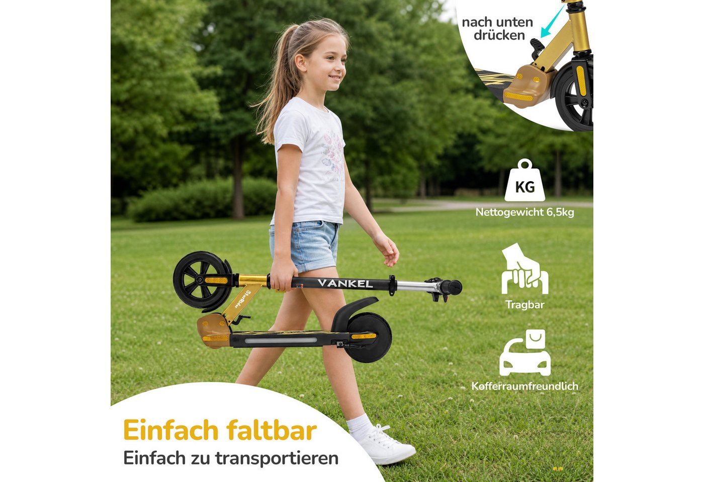 Vankel E-Scooter Kinder E-Scooter ab 6 Jahren, klappbar, höhenverstellbar, bis 14 km/h, 150 W, (faltbar, für Jungen und Mädchen, max. 50kg, Aluminiumrahmen), Luftfahrt-Alu, 6-Zoll-Pannenschutzreifen, bis 50 kg, LED & Reflektor Bild 2