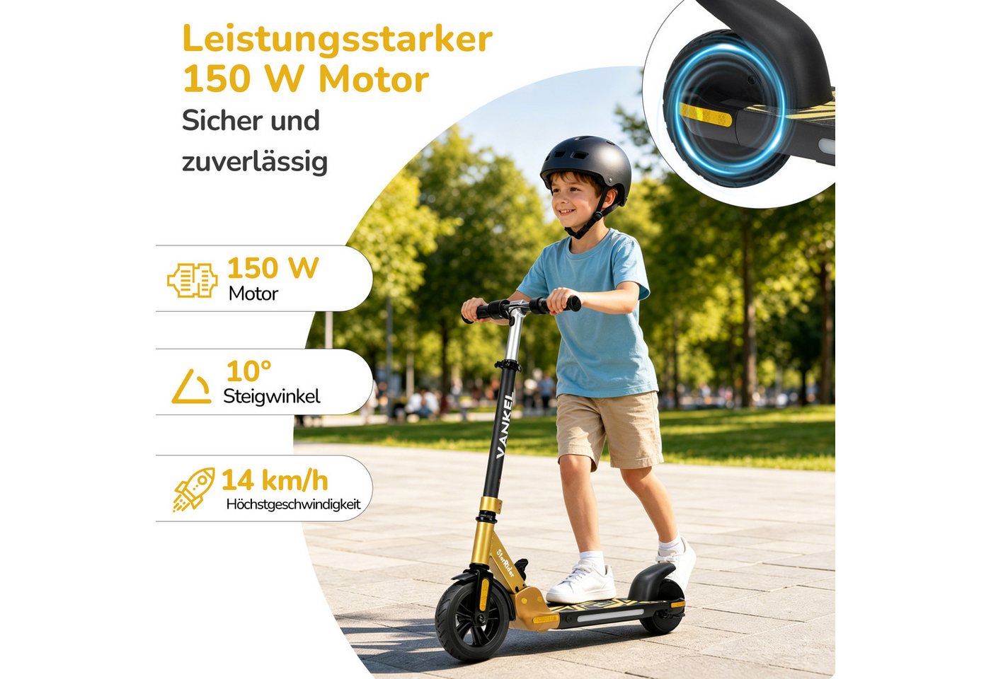 Vankel E-Scooter Kinder E-Scooter ab 6 Jahren, klappbar, höhenverstellbar, bis 14 km/h, 150 W, (faltbar, für Jungen und Mädchen, max. 50kg, Aluminiumrahmen), Luftfahrt-Alu, 6-Zoll-Pannenschutzreifen, bis 50 kg, LED & Reflektor Bild 3