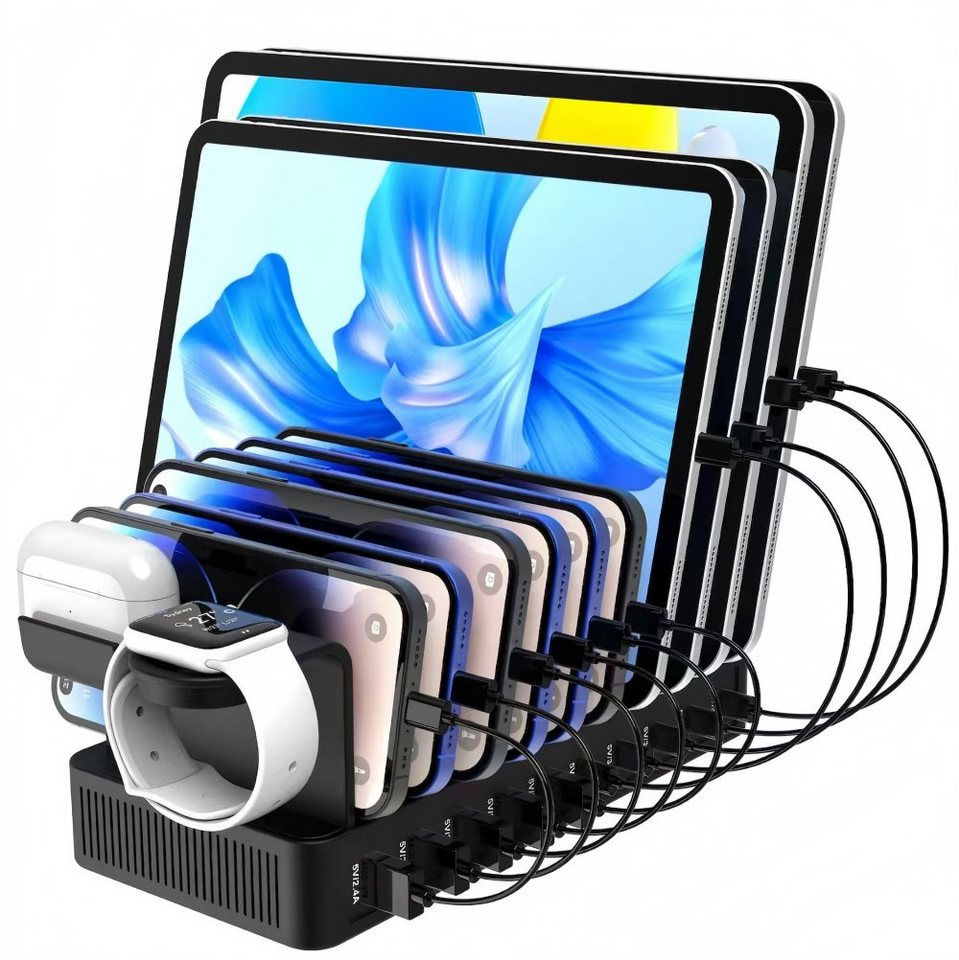 ibettertec 100W Multi-Geräte Ladestation mit 10 Anschlüssen Ladestation (USB-C & USB-A Ladehub inkl. 10 Kabeln, Verstellbare Halterung für Smartphones) Bild 4