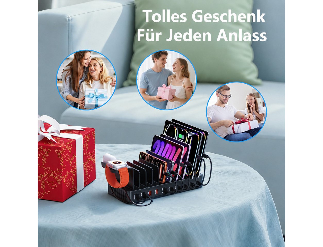 ibettertec 100W Multi-Geräte Ladestation mit 10 Anschlüssen Ladestation (USB-C & USB-A Ladehub inkl. 10 Kabeln, Verstellbare Halterung für Smartphones) Bild 5