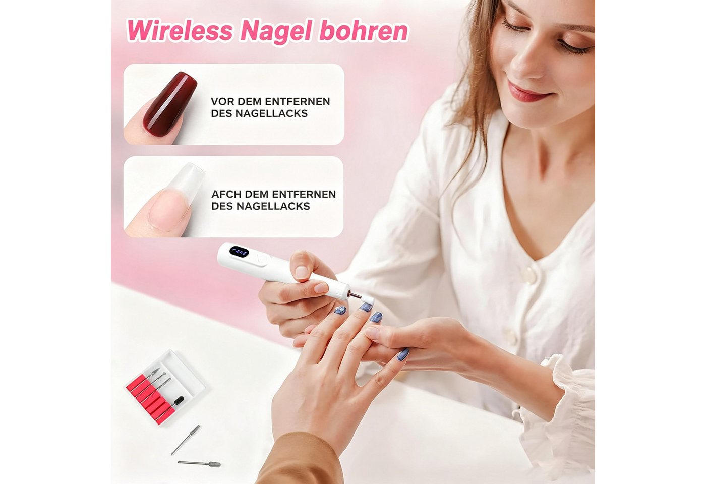 ibettertec Maniküre-Pediküre-Set Maniküre-Pediküre-Set Elektrischer Nagelfräser 18000 U/min Nagelfräser, Nagelfeile + 6 Aufsätze + Ladestation + USB-Ladekabel, USB-Ladung, Vor-/Rücklauf, LED-Anzeige, rutschfestes Griffdesign