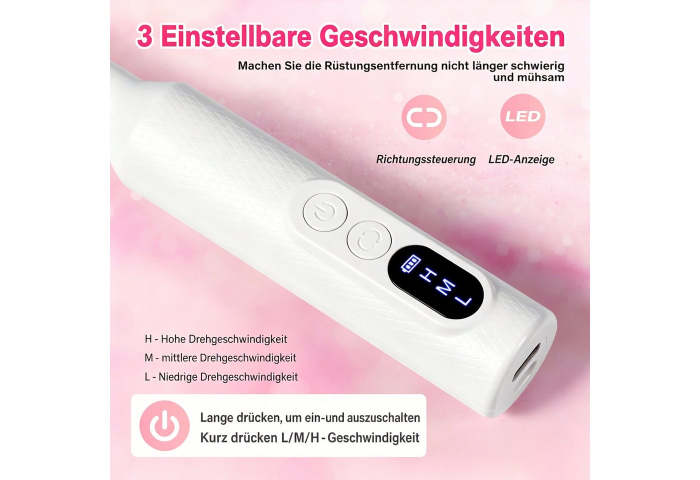 ibettertec Maniküre-Pediküre-Set Maniküre-Pediküre-Set Elektrischer Nagelfräser 18000 U/min Nagelfräser, Nagelfeile + 6 Aufsätze + Ladestation + USB-Ladekabel, USB-Ladung, Vor-/Rücklauf, LED-Anzeige, rutschfestes Griffdesign Bild 2