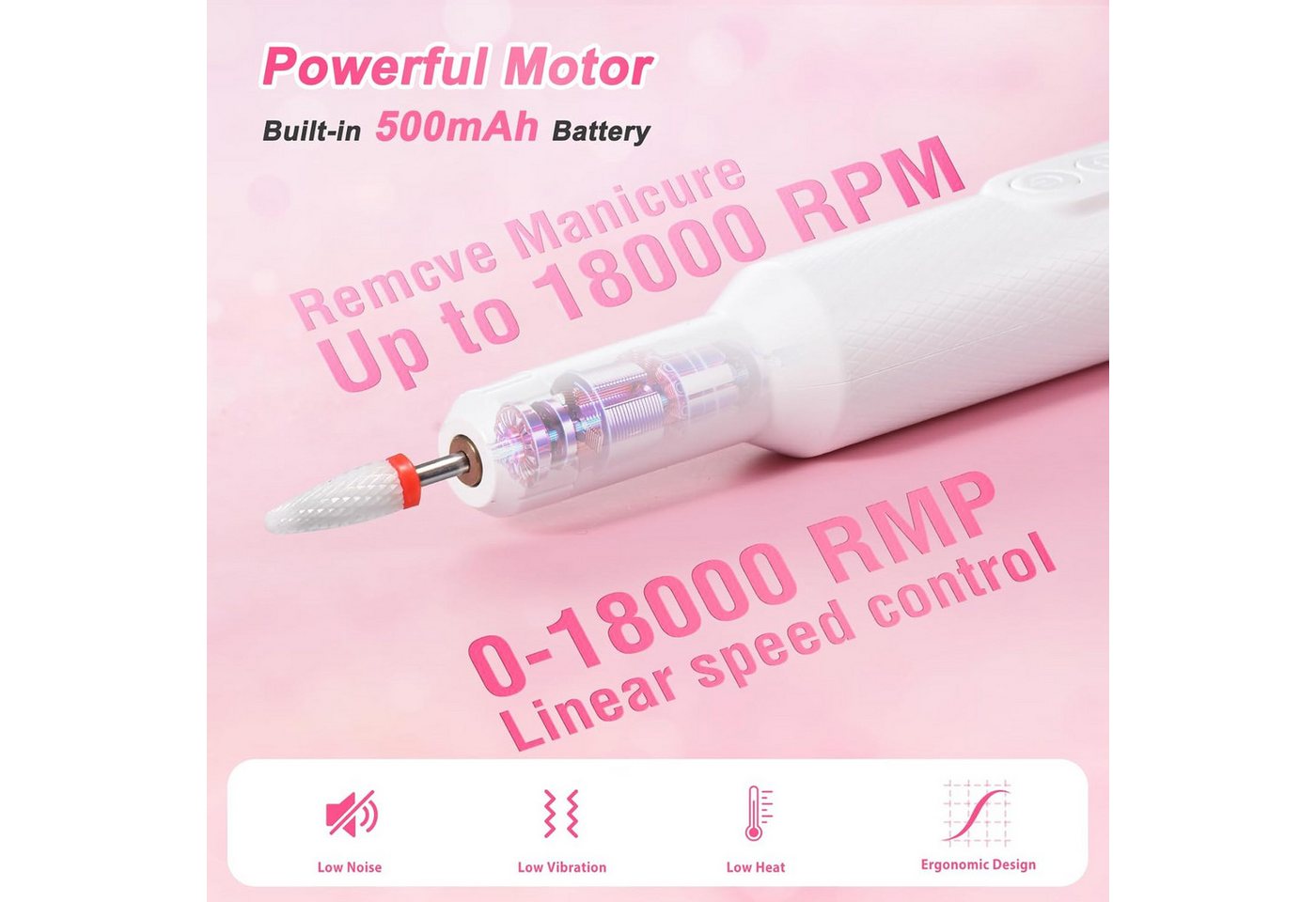ibettertec Maniküre-Pediküre-Set Maniküre-Pediküre-Set Elektrischer Nagelfräser 18000 U/min Nagelfräser, Nagelfeile + 6 Aufsätze + Ladestation + USB-Ladekabel, USB-Ladung, Vor-/Rücklauf, LED-Anzeige, rutschfestes Griffdesign Bild 3
