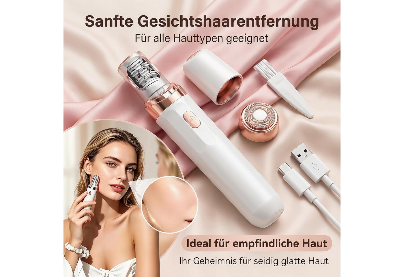 inschimmer Haarentferner-Set 2-in-1 Gesichtshaarentferner Frauen Schmerzloser Epilierer Aufladbar Bild 3