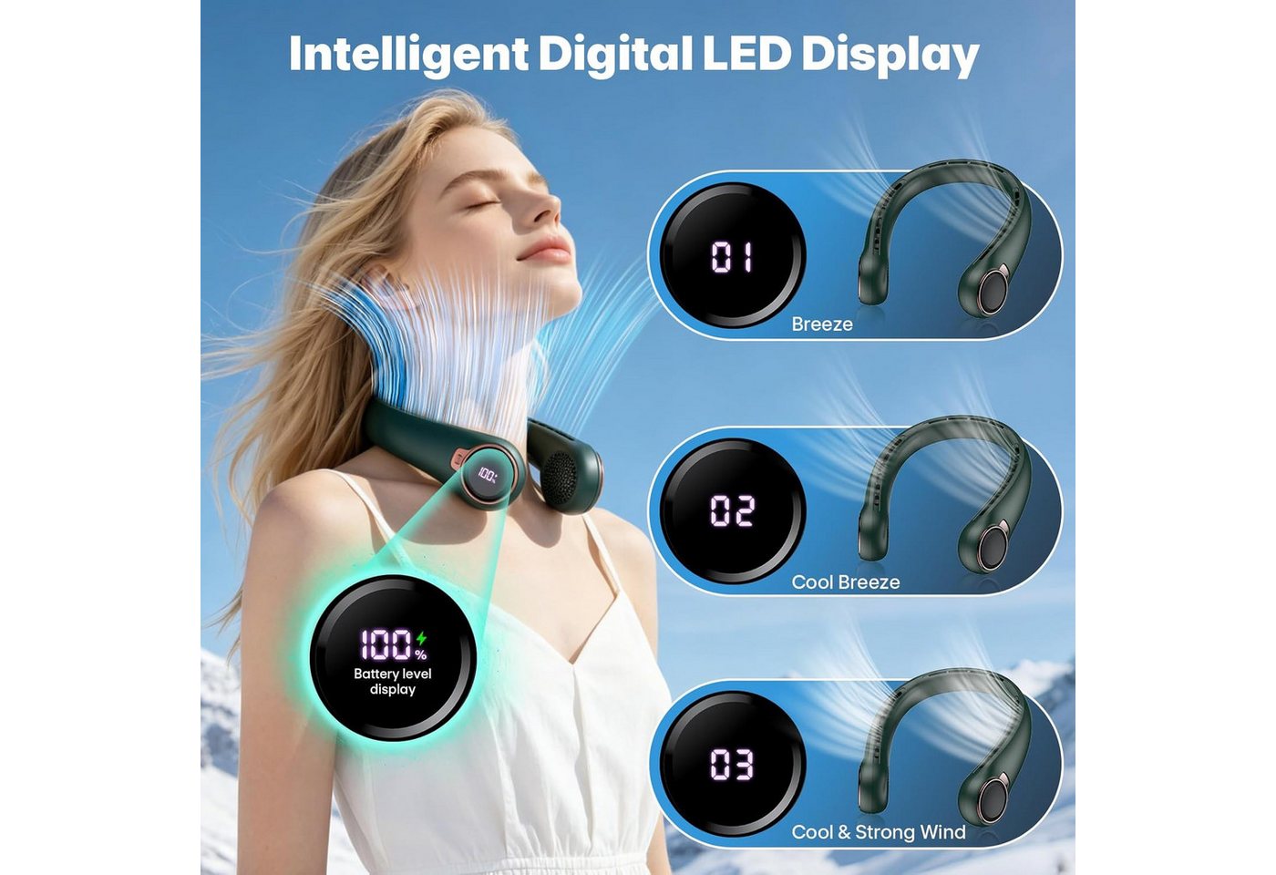 FELIXLEO Mini USB-Ventilator Nackenventilator Tragbar Hals Ventilator Leise LED Akku USB Bild 4