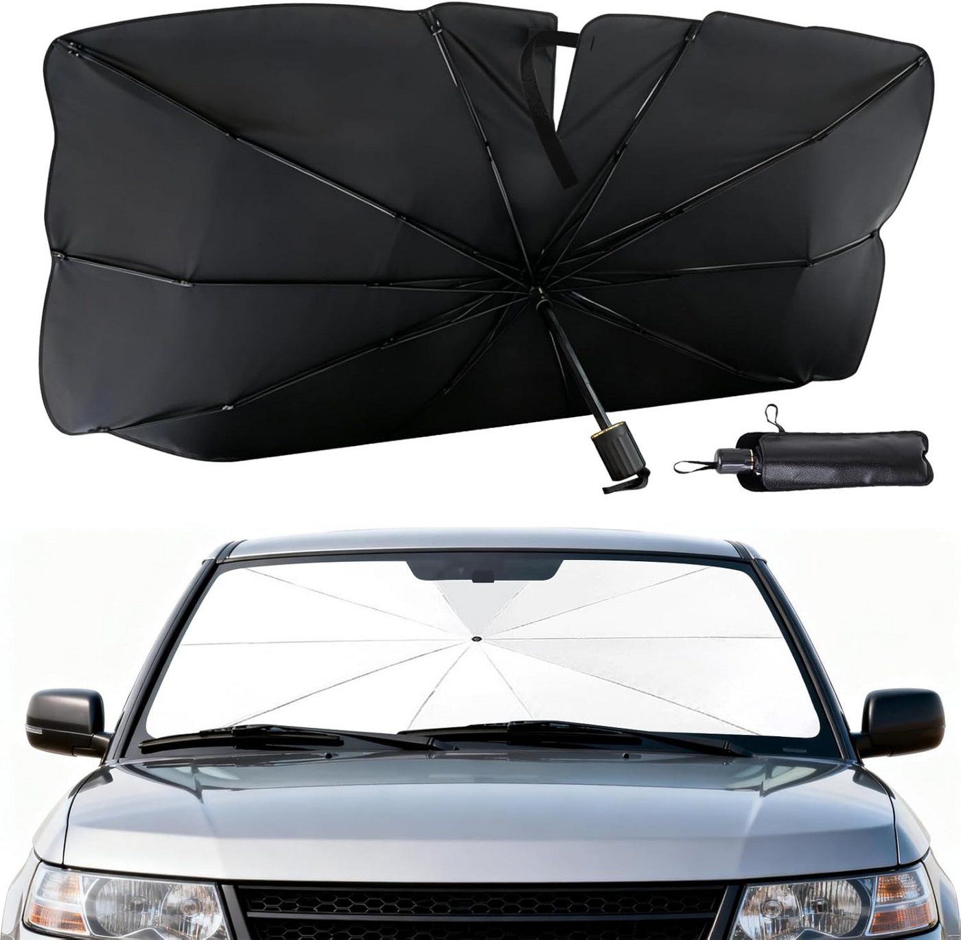 FELIXLEO Autosonnenschutz Auto Sonnenschutz Windschutzscheibe Regenschirm mit Ledertasche