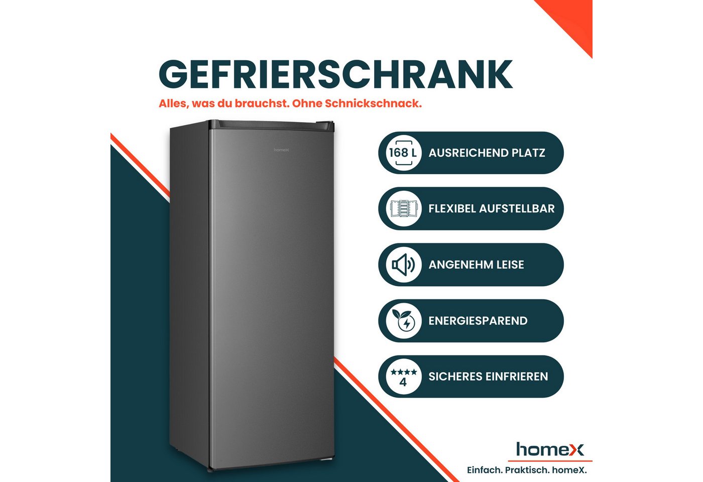 homeX Gefrierschrank FS1682E-S, 142.5 cm hoch, 54.5 cm breit, 168 Liter, Tiefkühlschrank groß, Freezer, 4-Sterne Gefrieren, leise Bild 2