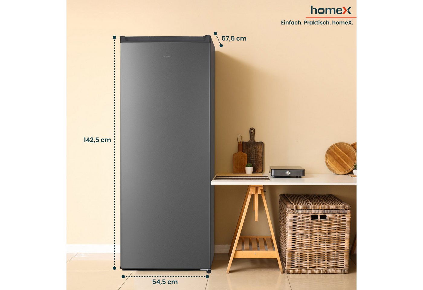 homeX Gefrierschrank FS1682E-S, 142.5 cm hoch, 54.5 cm breit, 168 Liter, Tiefkühlschrank groß, Freezer, 4-Sterne Gefrieren, leise Bild 3