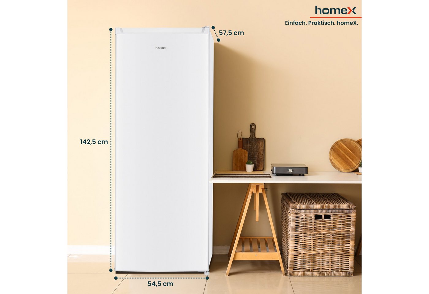 homeX Gefrierschrank FS1682E-W, 142.5 cm hoch, 54.5 cm breit, 168 Liter, Tiefkühlschrank groß, Freezer, 4-Sterne Gefrieren, leise Bild 3