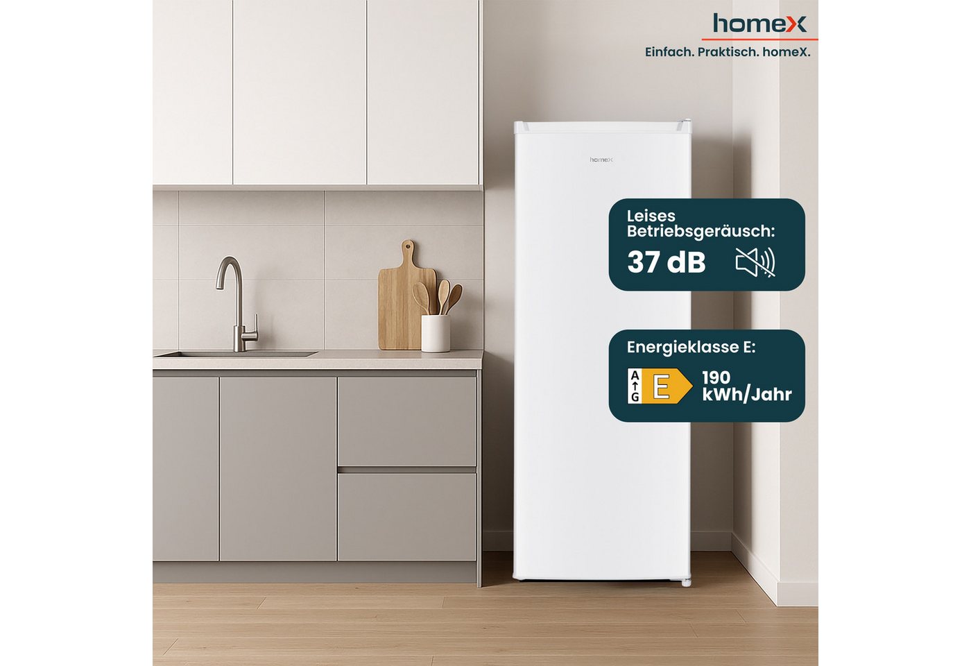 homeX Gefrierschrank FS1682E-W, 142.5 cm hoch, 54.5 cm breit, 168 Liter, Tiefkühlschrank groß, Freezer, 4-Sterne Gefrieren, leise Bild 4