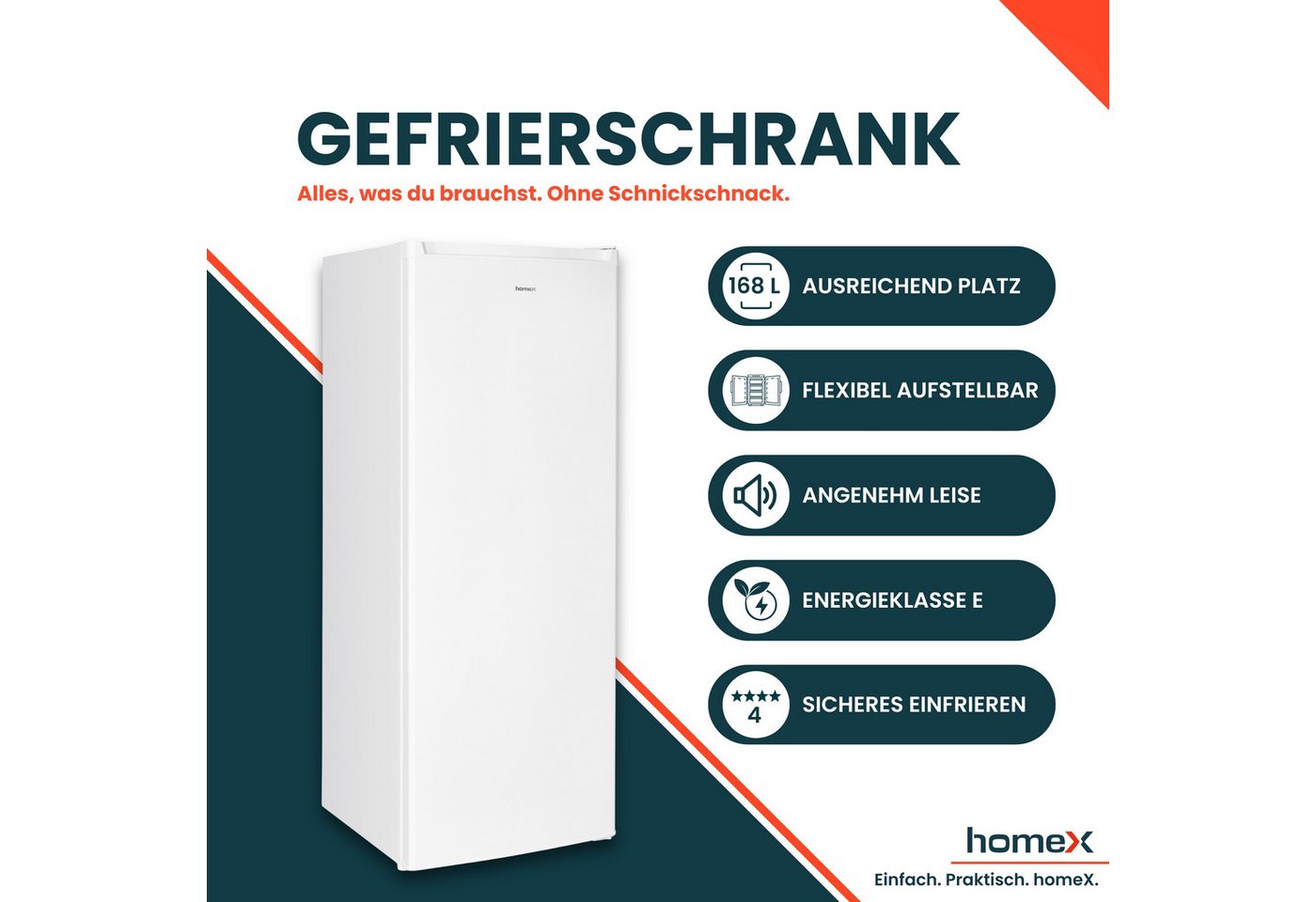 homeX Gefrierschrank FS1682E-W, 142.5 cm hoch, 54.5 cm breit, 168 Liter, Tiefkühlschrank groß, Freezer, 4-Sterne Gefrieren, leise Bild 5