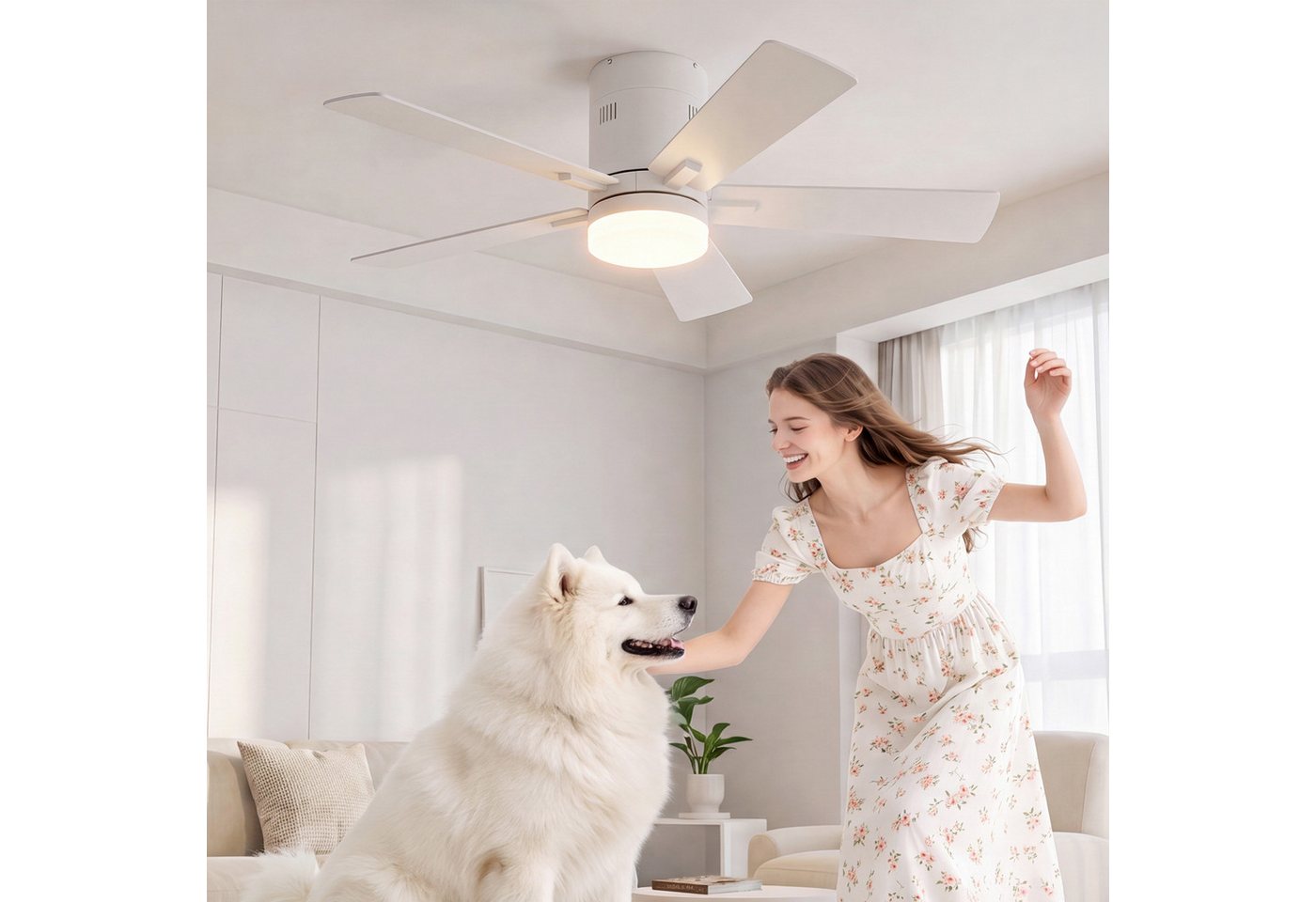 Furnishings Home Deckenventilator Ventilatorleuchte mit Licht Deckenlampe mit Fernbedienung DC 6 Stufen, Durchmesser 132 cm, Dimmbare LED, Sommer/Winterfunktion, 5 Flügel Bild 2