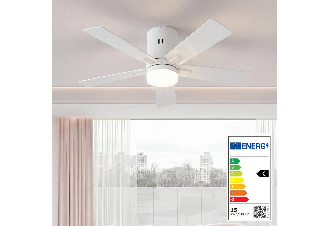 Furnishings Home Deckenventilator Ventilatorleuchte mit Licht Deckenlampe mit Fernbedienung DC 6 Stufen, Durchmesser 132 cm, Dimmbare LED, Sommer/Winterfunktion, 5 Flügel Bild 5
