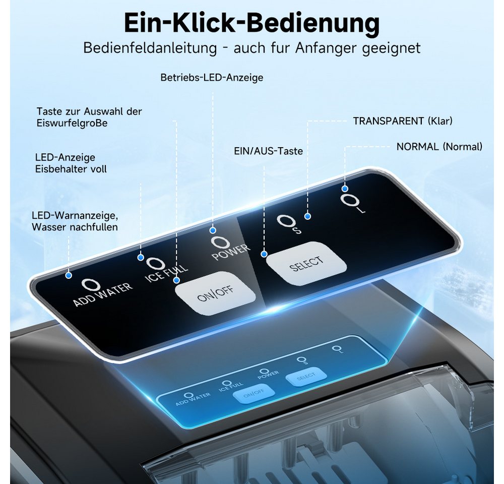 hganus Eiswürfelmaschine Ice Maker 1.3L/2 Größen/15 kg/24 H 9 Würfel in 6 Minuten, 1,3 l integrierter Wassertank, LED-Anzeige,für Küche,Büro
