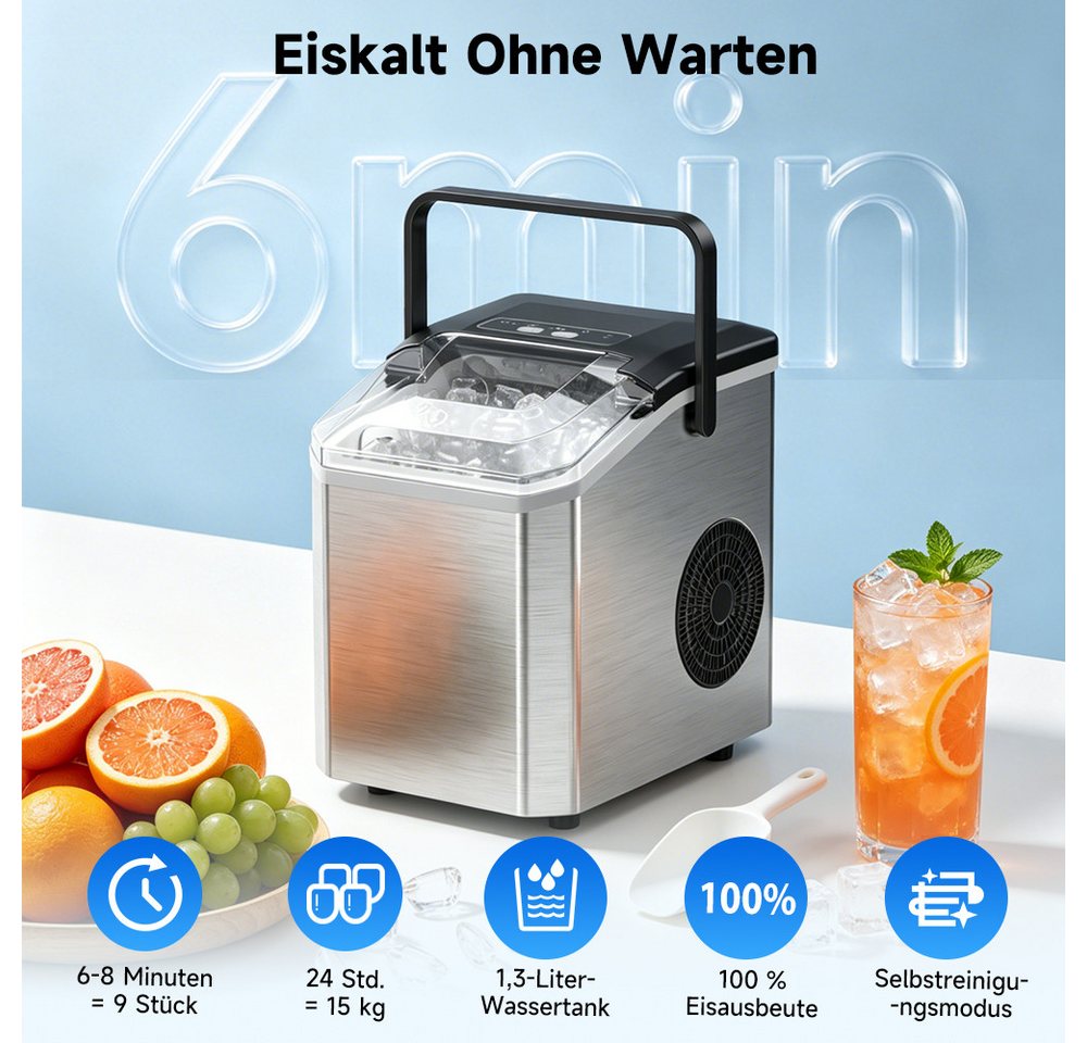 hganus Eiswürfelmaschine Ice Maker 1.3L/2 Größen/15 kg/24 H 9 Würfel in 6 Minuten, 1,3 l integrierter Wassertank, LED-Anzeige,für Küche,Büro Bild 2