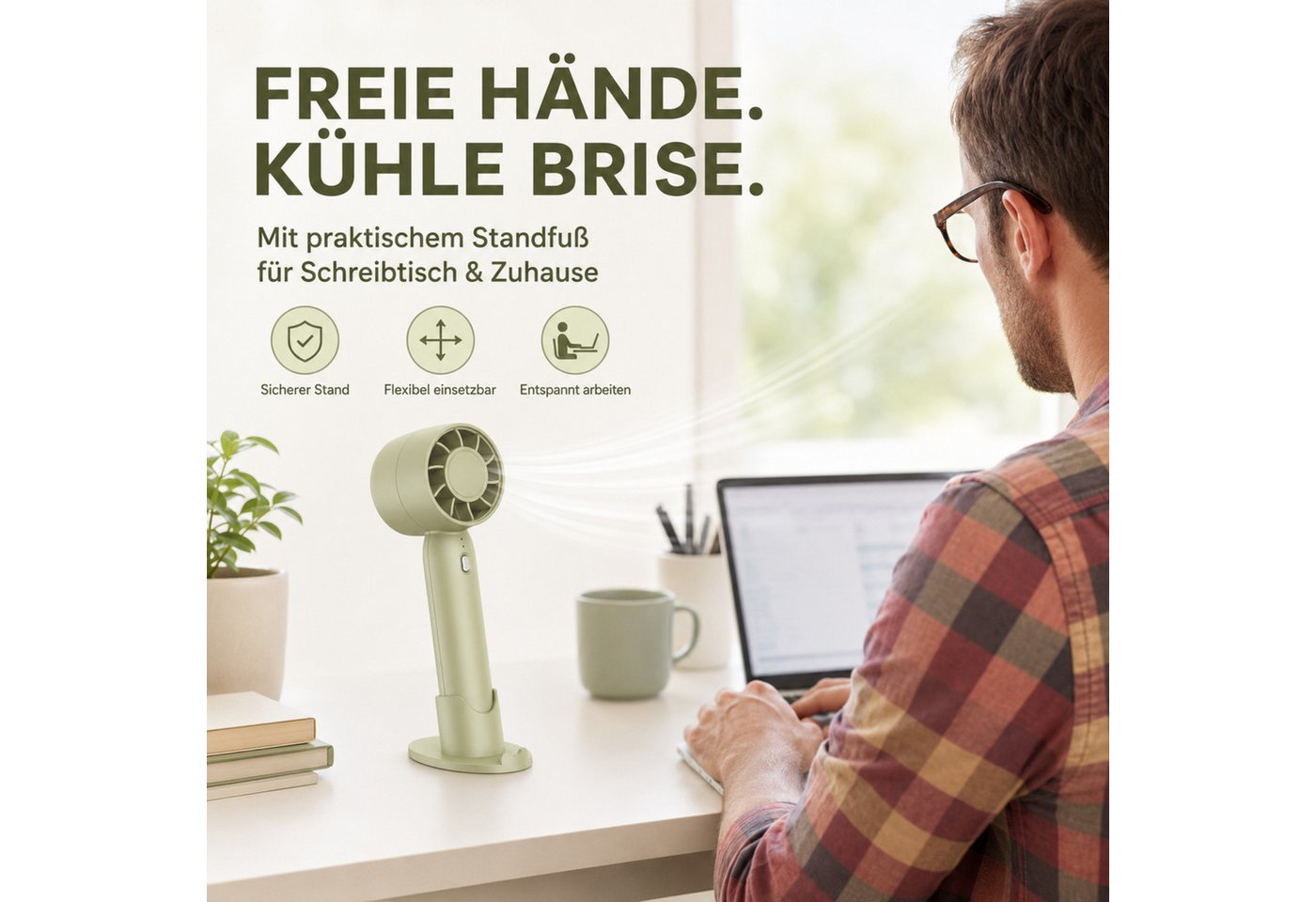 HS.SUPPLY Handventilator Mini Ventilator mit Akku, 3 Stufen, Standfuß, leise & tragbar, 2-in-1 Hand- und Tischventilator mit 3 Geschwindigkeitsstufen Bild 2