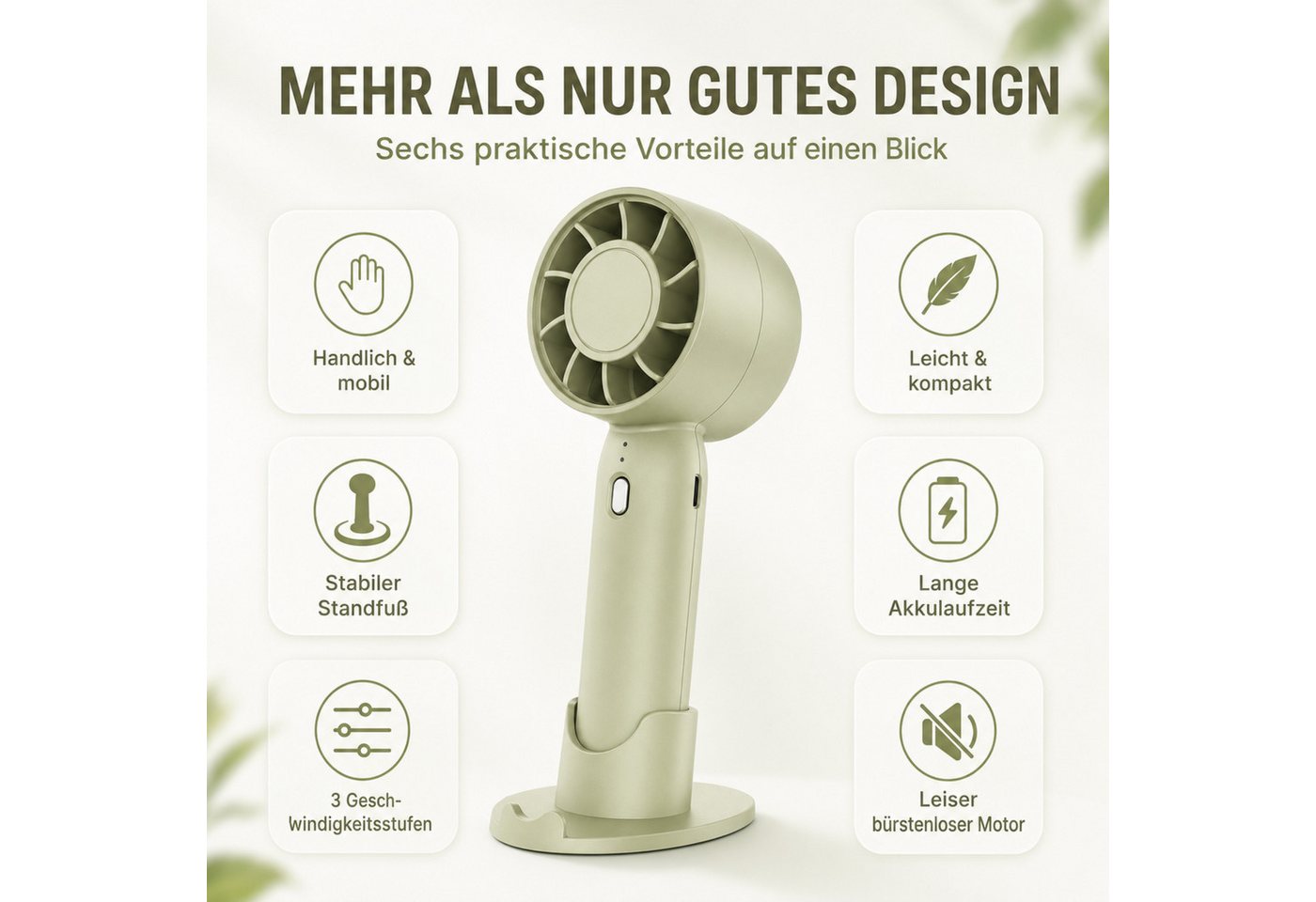 HS.SUPPLY Handventilator Mini Ventilator mit Akku, 3 Stufen, Standfuß, leise & tragbar, 2-in-1 Hand- und Tischventilator mit 3 Geschwindigkeitsstufen Bild 4