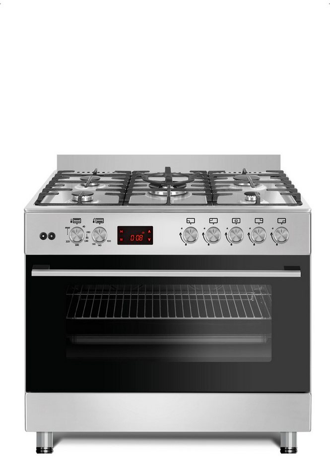 Gasline Gas-Standherd mit Elektro-Gas Backofen, Elektro Oberhitze + Gas Unterhitze, GAG90PINEX, mit 1-fach-Teleskopauszug, Vollzündsicherung, 90 cm breit mit WOK Brenner und Drehspieß Erdgas/Propangas Bild 4
