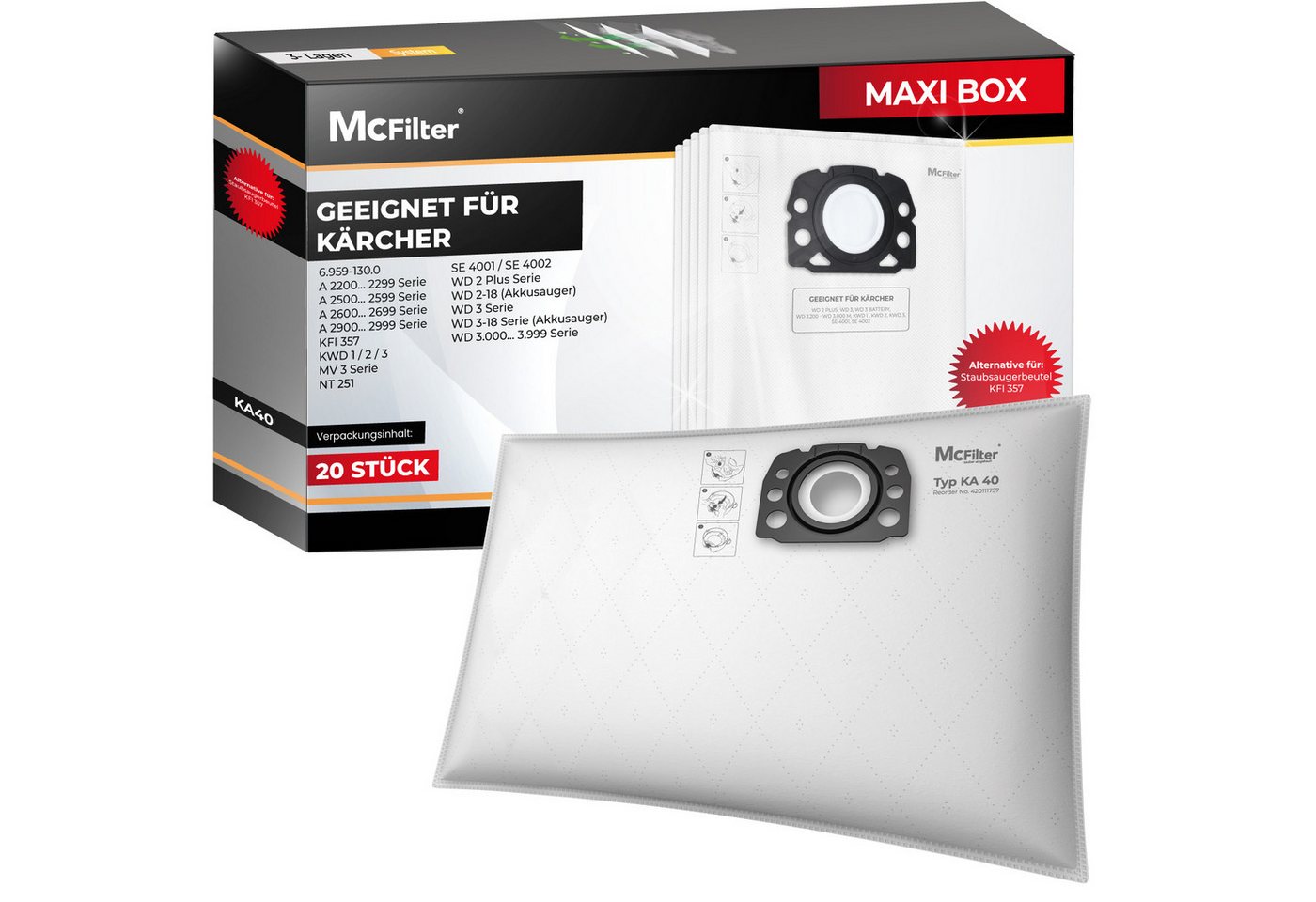 McFilter Staubsaugerbeutel Staubbeutel, passend für Kärcher KFI 357, WD 2 Plus, WD 3 Serie, KWD 1-3, SE 4001, SE 4002, 20 St., wie 2.863-314.0, für Nass-/Trockensauger, Kunststoffdeckscheibe Bild 4