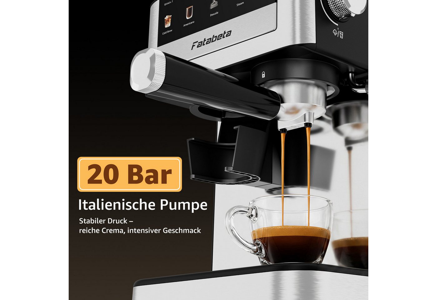 FATABETA Siebträgermaschine Espressomaschine 20 Bar Kaffeemaschine mit Mahlwerk bohnen & Milchaufschäumer, 30 Mahlgrade, Cold Brew, 1550W, Kapseladapter, für Zuhause