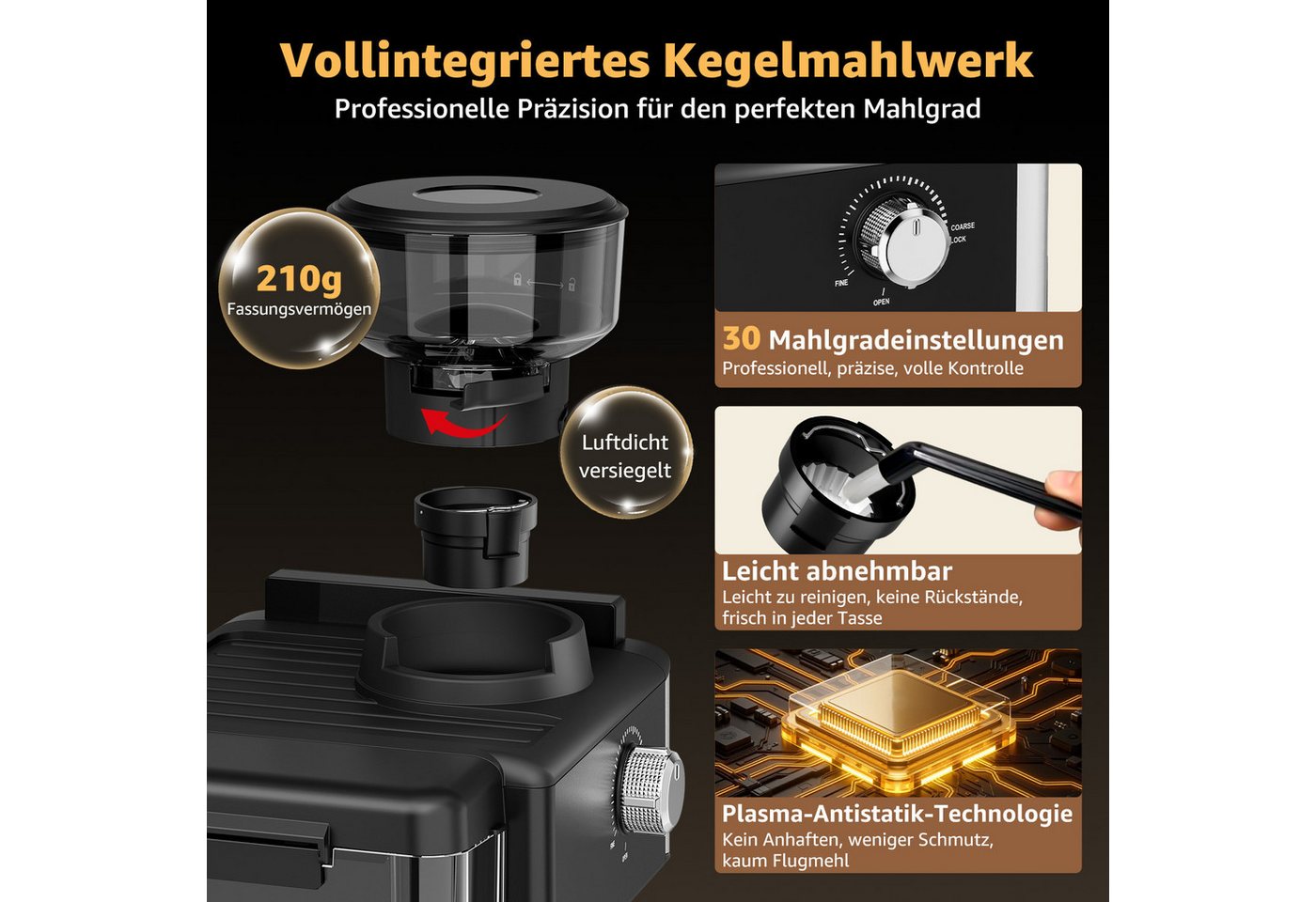 FATABETA Siebträgermaschine Espressomaschine 20 Bar Kaffeemaschine mit Mahlwerk bohnen & Milchaufschäumer, 30 Mahlgrade, Cold Brew, 1550W, Kapseladapter, für Zuhause Bild 2