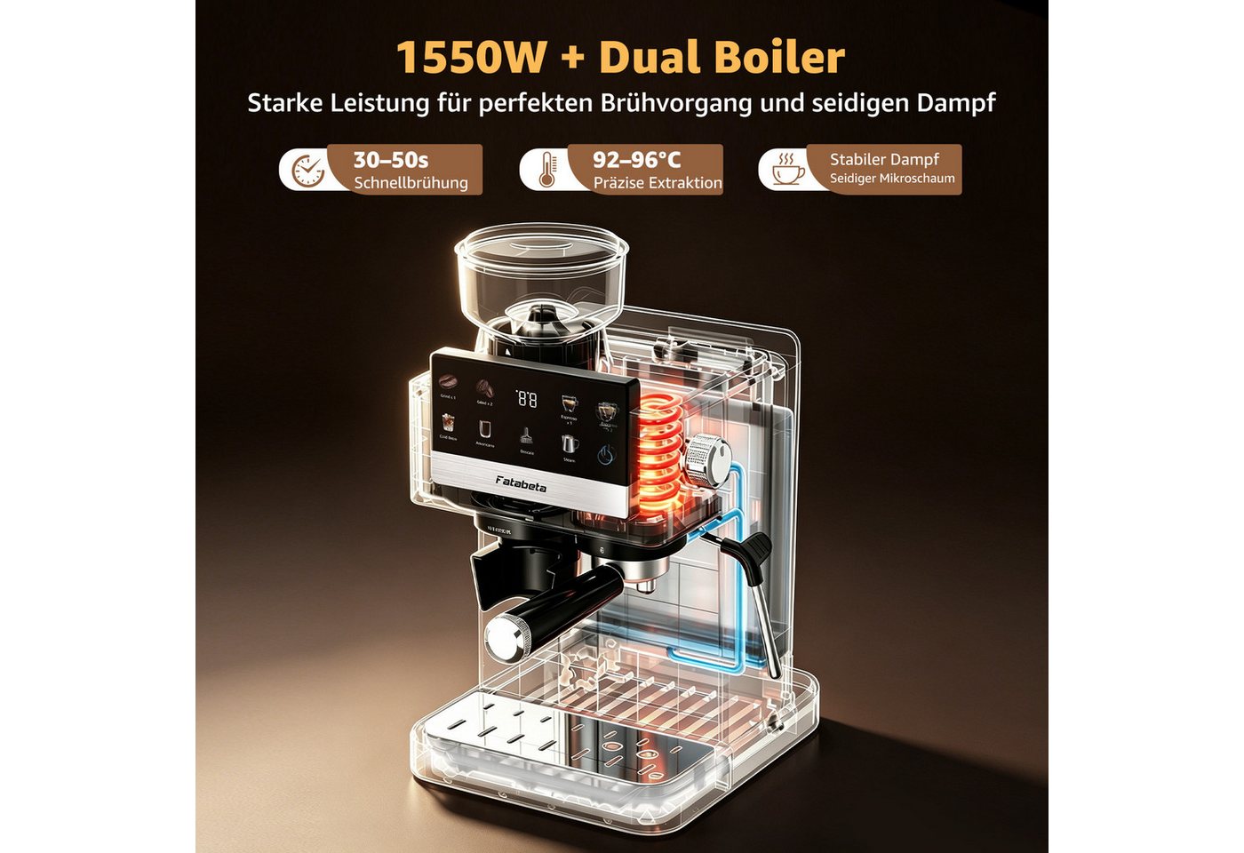 FATABETA Siebträgermaschine Espressomaschine 20 Bar Kaffeemaschine mit Mahlwerk bohnen & Milchaufschäumer, 30 Mahlgrade, Cold Brew, 1550W, Kapseladapter, für Zuhause Bild 3