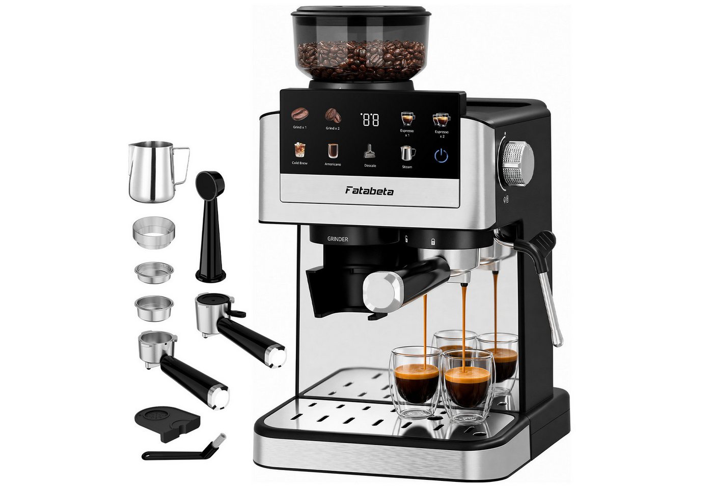 FATABETA Siebträgermaschine Espressomaschine 20 Bar Kaffeemaschine mit Mahlwerk bohnen & Milchaufschäumer, 30 Mahlgrade, Cold Brew, 1550W, Kapseladapter, für Zuhause Bild 4
