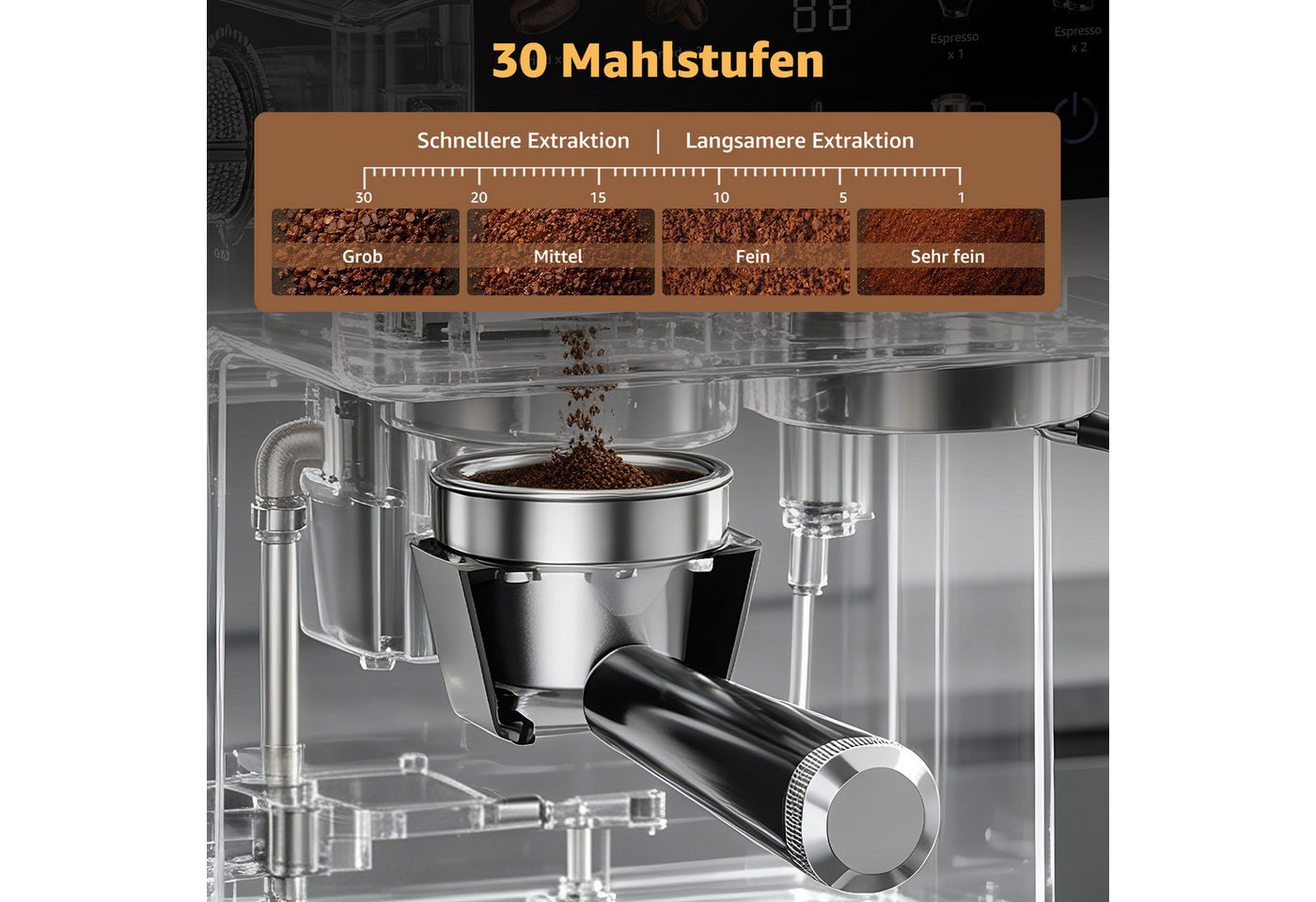 FATABETA Siebträgermaschine Espressomaschine 20 Bar Kaffeemaschine mit Mahlwerk bohnen & Milchaufschäumer, 30 Mahlgrade, Cold Brew, 1550W, Kapseladapter, für Zuhause Bild 5
