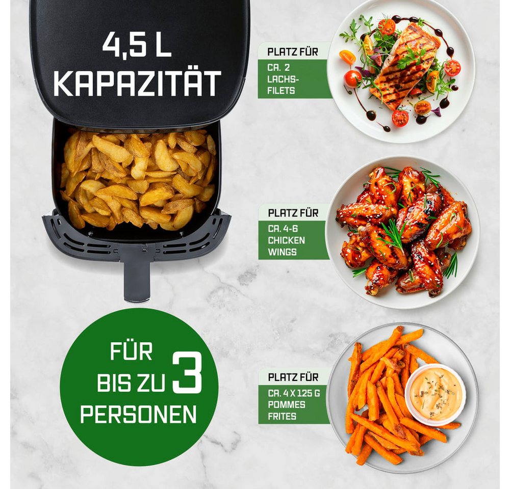 GOURMETmaxx Heißluftfritteuse Digital 4,5l 1500W schwarz mit Farbdisplay vorne, 1500 W, Heißluftzirkulation LED-Touch Pommes Steak wenig Fett 8 Programme Bild 2