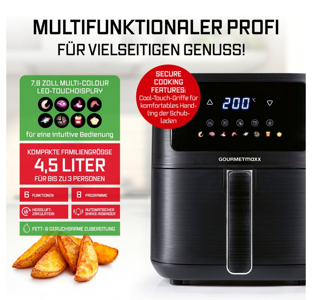GOURMETmaxx Heißluftfritteuse Digital 4,5l 1500W schwarz mit Farbdisplay vorne, 1500 W, Heißluftzirkulation LED-Touch Pommes Steak wenig Fett 8 Programme Bild 4