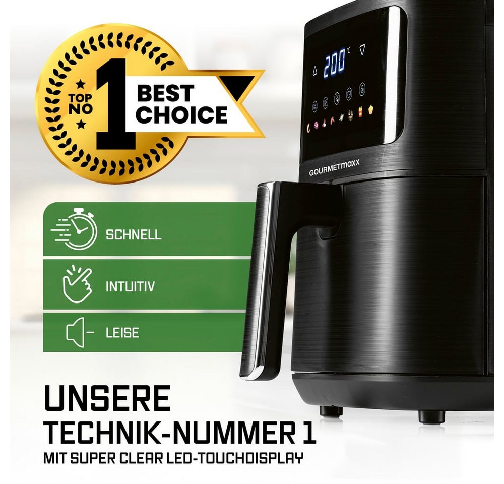 GOURMETmaxx Heißluftfritteuse Digital 4,5l 1500W schwarz mit Farbdisplay vorne, 1500 W, Heißluftzirkulation LED-Touch Pommes Steak wenig Fett 8 Programme Bild 5