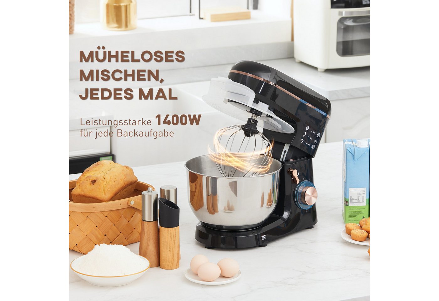 HOMCOM Küchenmaschine 800-251V91BK, 1400 W, 5.5 l Schüssel, mit Rührhaken, Schlagbesen, Spritzschutz, Teigschaber und Eiertrenner
