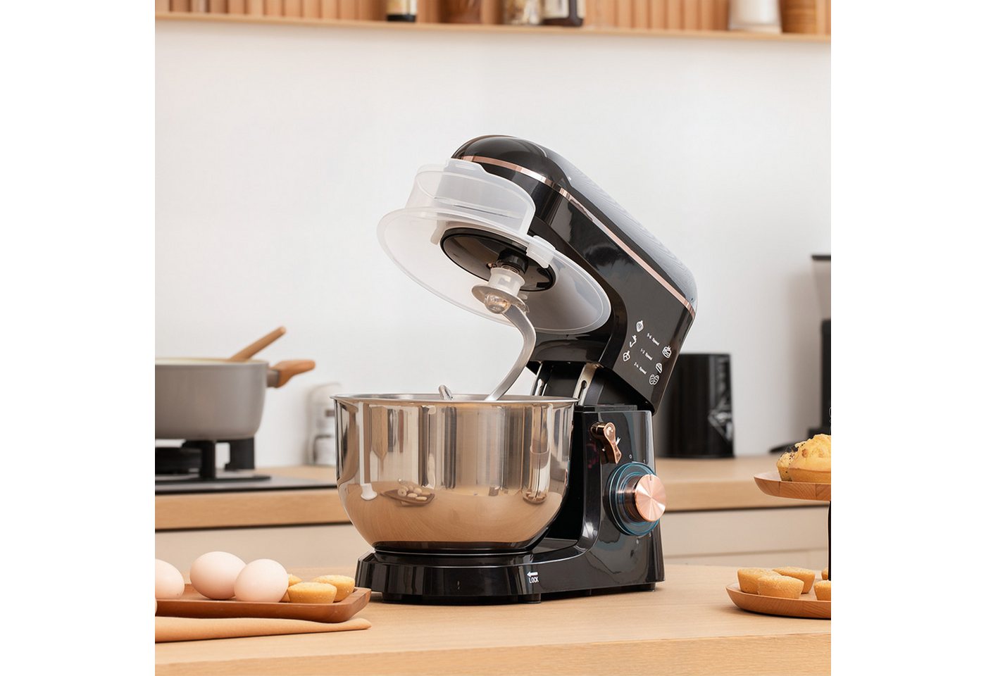 HOMCOM Küchenmaschine 800-251V91BK, 1400 W, 5.5 l Schüssel, mit Rührhaken, Schlagbesen, Spritzschutz, Teigschaber und Eiertrenner Bild 3