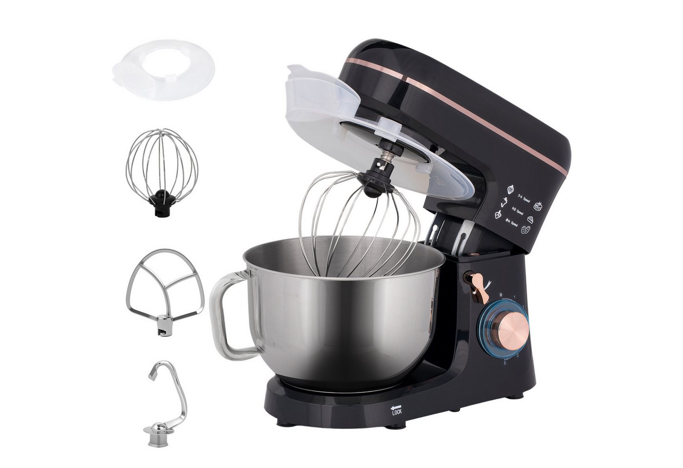 HOMCOM Küchenmaschine 800-251V91BK, 1400 W, 5.5 l Schüssel, mit Rührhaken, Schlagbesen, Spritzschutz, Teigschaber und Eiertrenner Bild 4